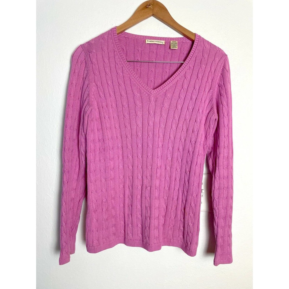 Fairway & Greene Sweater Women's M 100% Prima Cotton Cable Knit V-Neck